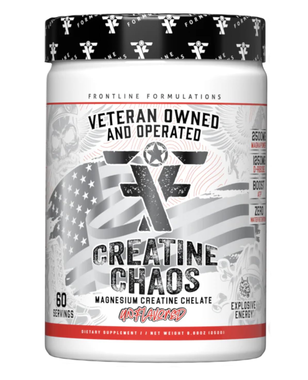 Creatine Chaos de Frontline Formulations, flacon en vue, récupération musculaire potentielle après l'entraînement.