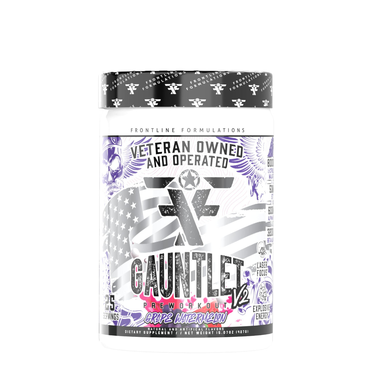 Gauntlet Pré-entraînement de FRONTLINE FORMULATIONS, bouteille prête pour un entraînement énergique et concentré.