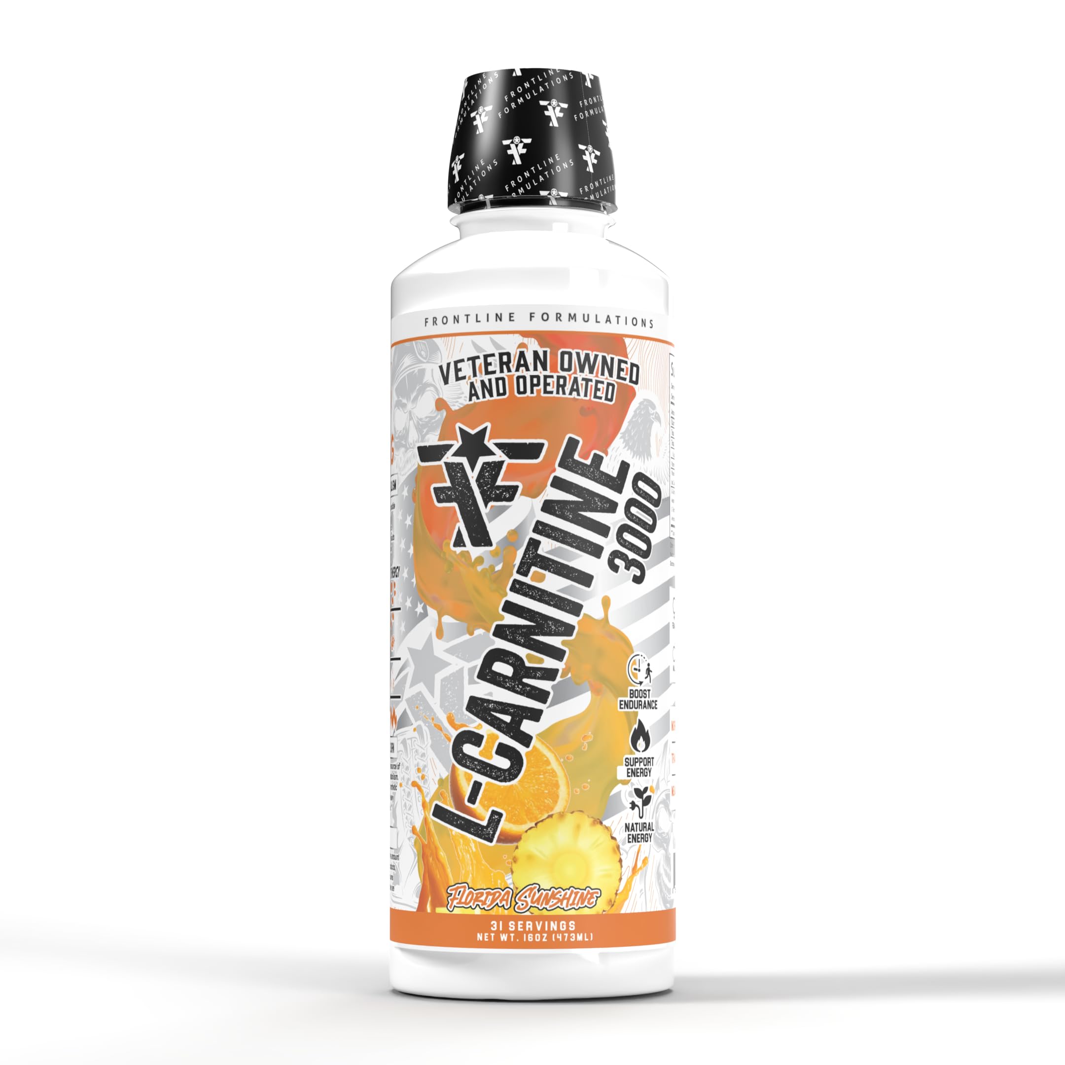FRONTLINE FORMULATIONS L-Carnitine, bouteille vue de face, énergie durable.