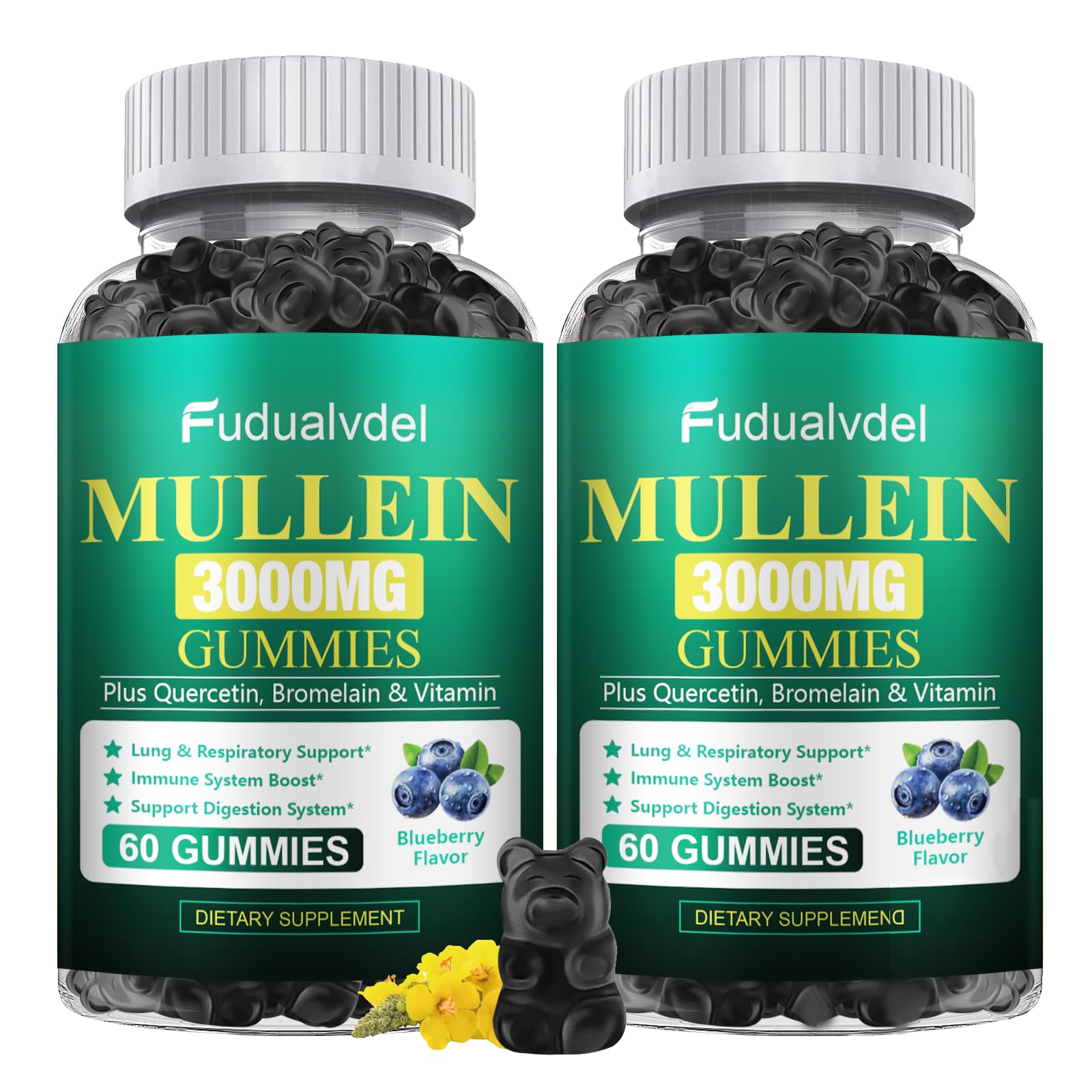 Gommes Fudualvdel molène en bouteille bleue, soutien potentiel pour la respiration.