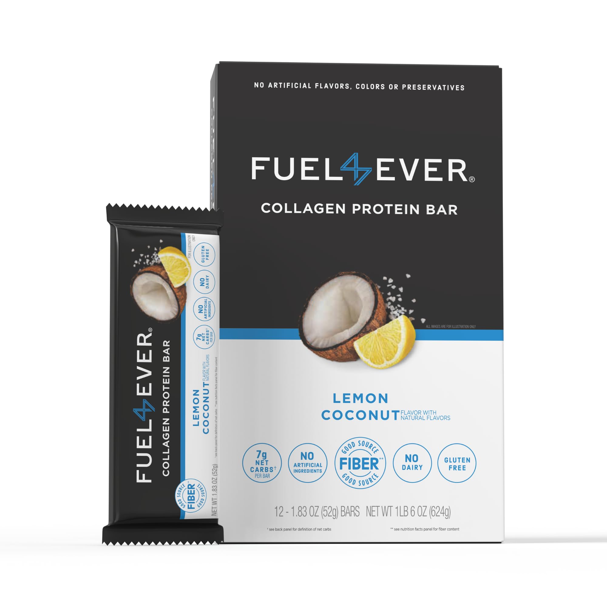 Barre Fuel 4 Ever collagene citron-coco dans boîte 12, saveur rafraîchissante.