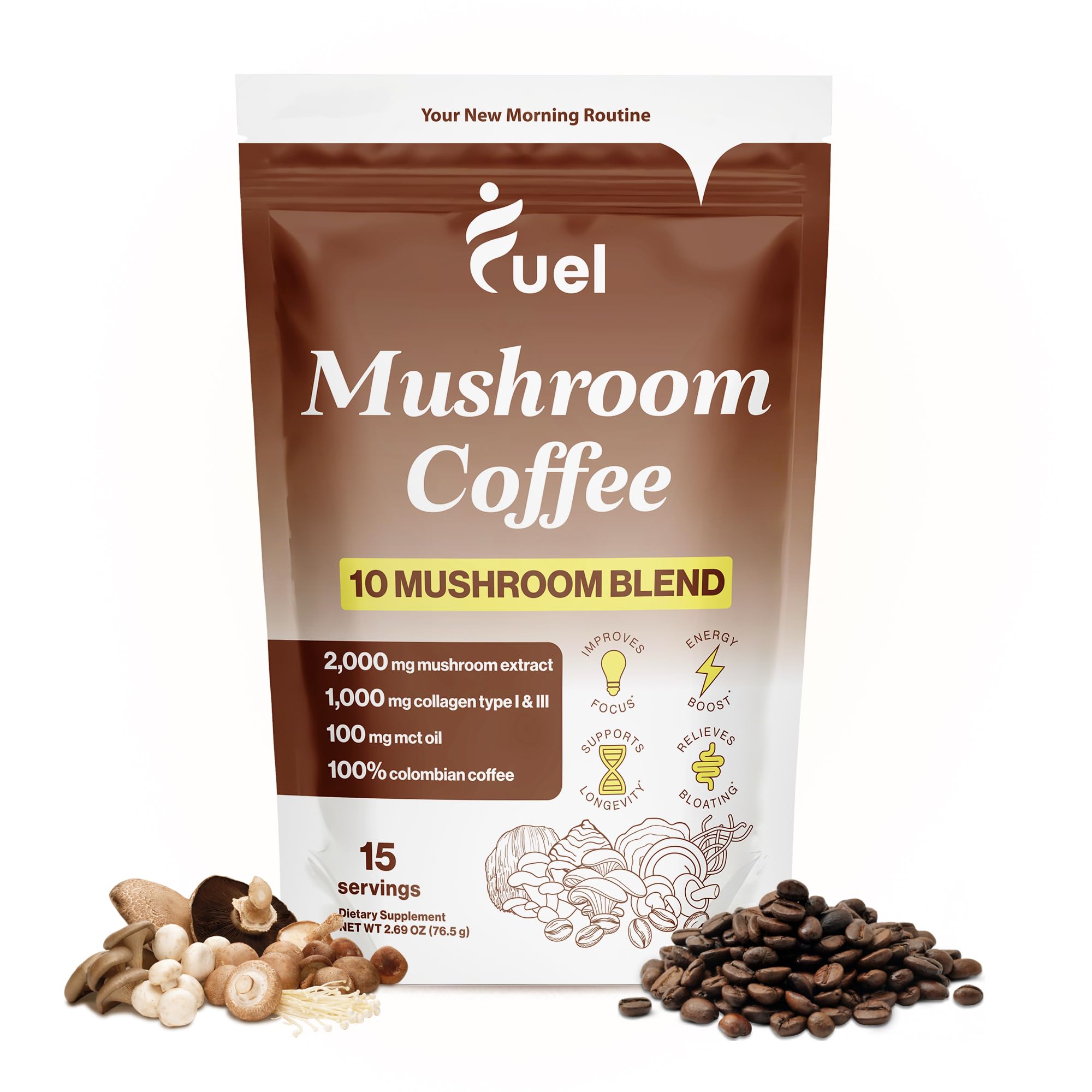 Fuel Nutrition Pro Collagène-Champignon Café en emballage, démarrage matinal riche et pratique