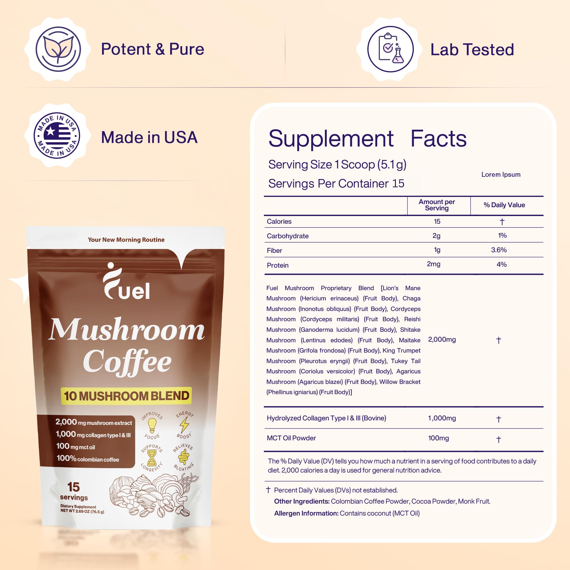 Fuel Nutrition Pro Collagène-Champignon Café cordyceps, énergie soutenue