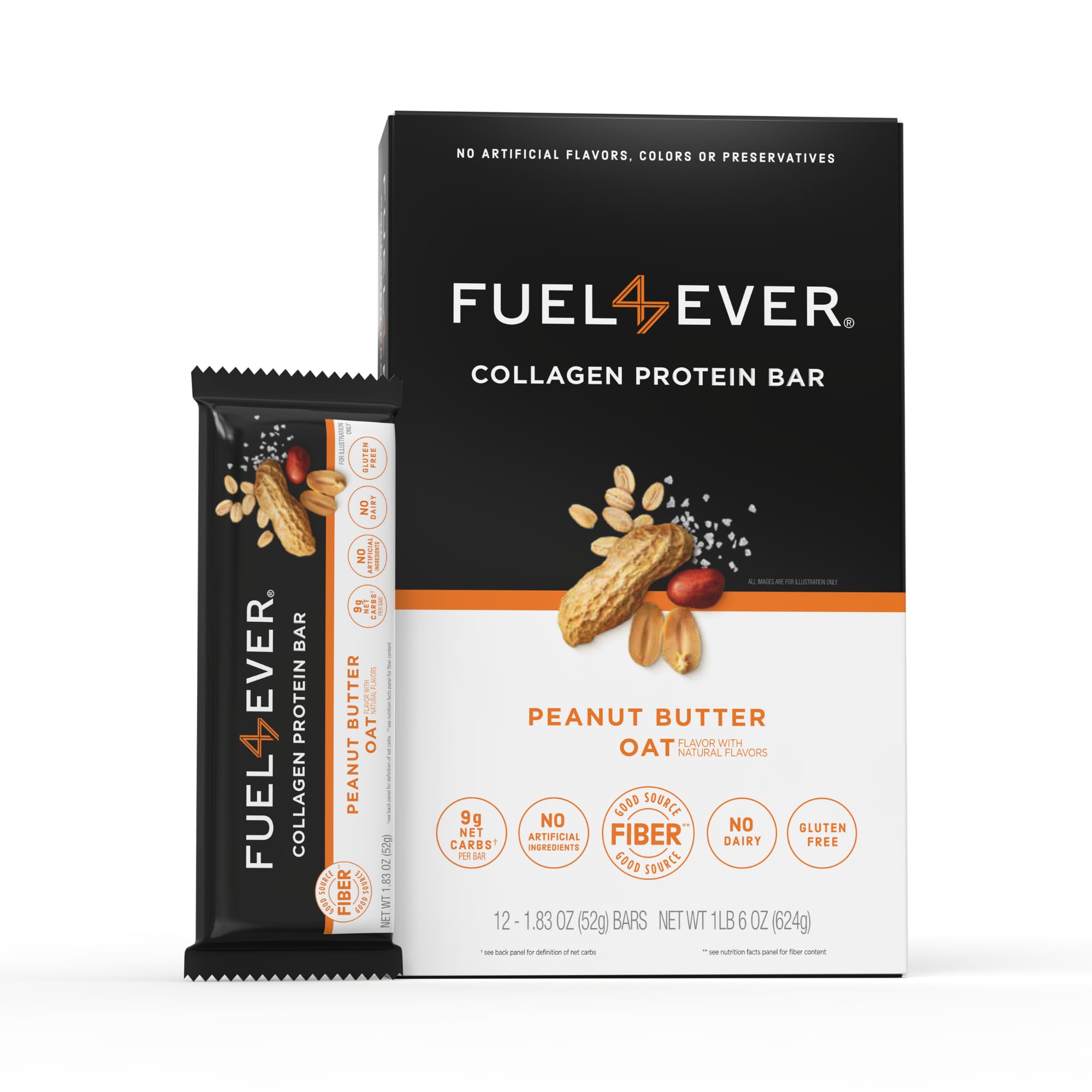 Fuel 4 Ever barre collagène, boîte recto: snack pratique et nourrissant.