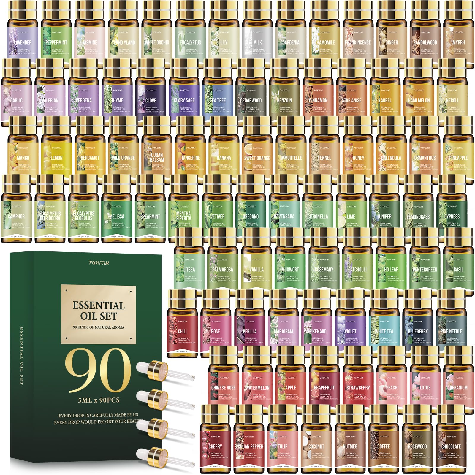 FUHITIM ensemble de 90 huiles essentielles avec bouteilles prêtes à diffuser