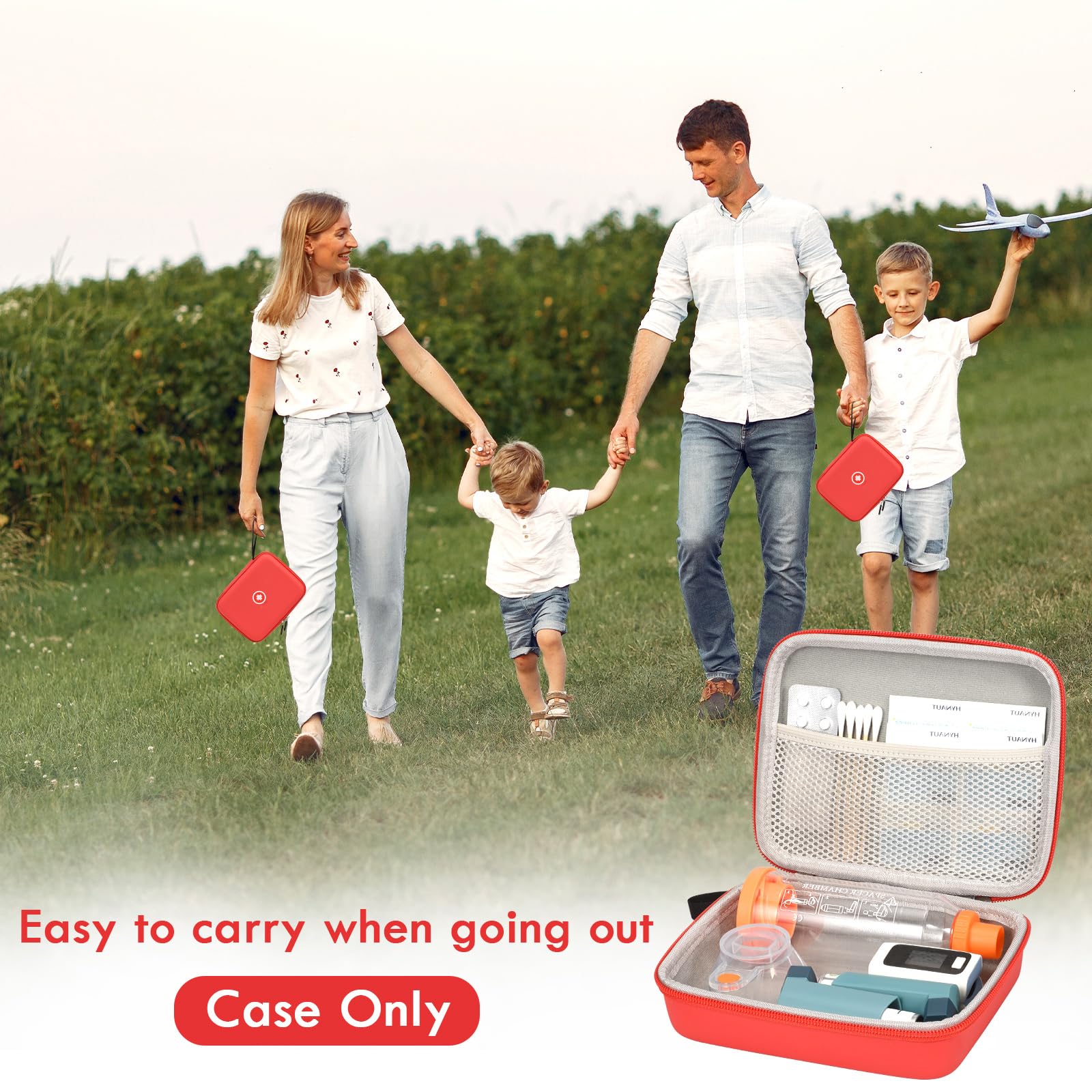 Fukumi étui rouge pour inhalateur et accessoires, visibilité et accessibilité.