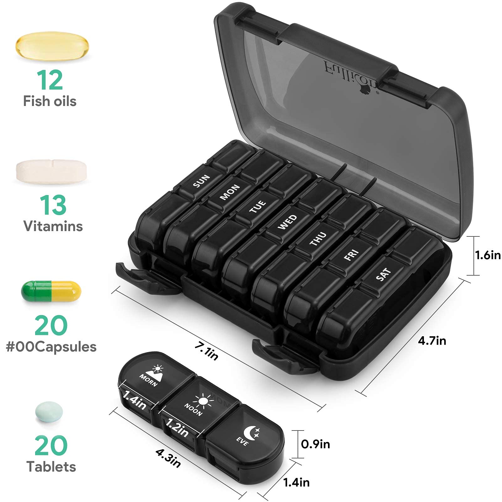 Fullicon Compartiments 21, organisation claire pour vitamines quotidiennes.