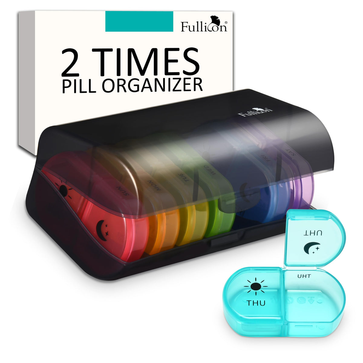Fullicon grand organisateur de pilules pour 2 fois par jour, pratique et clair.