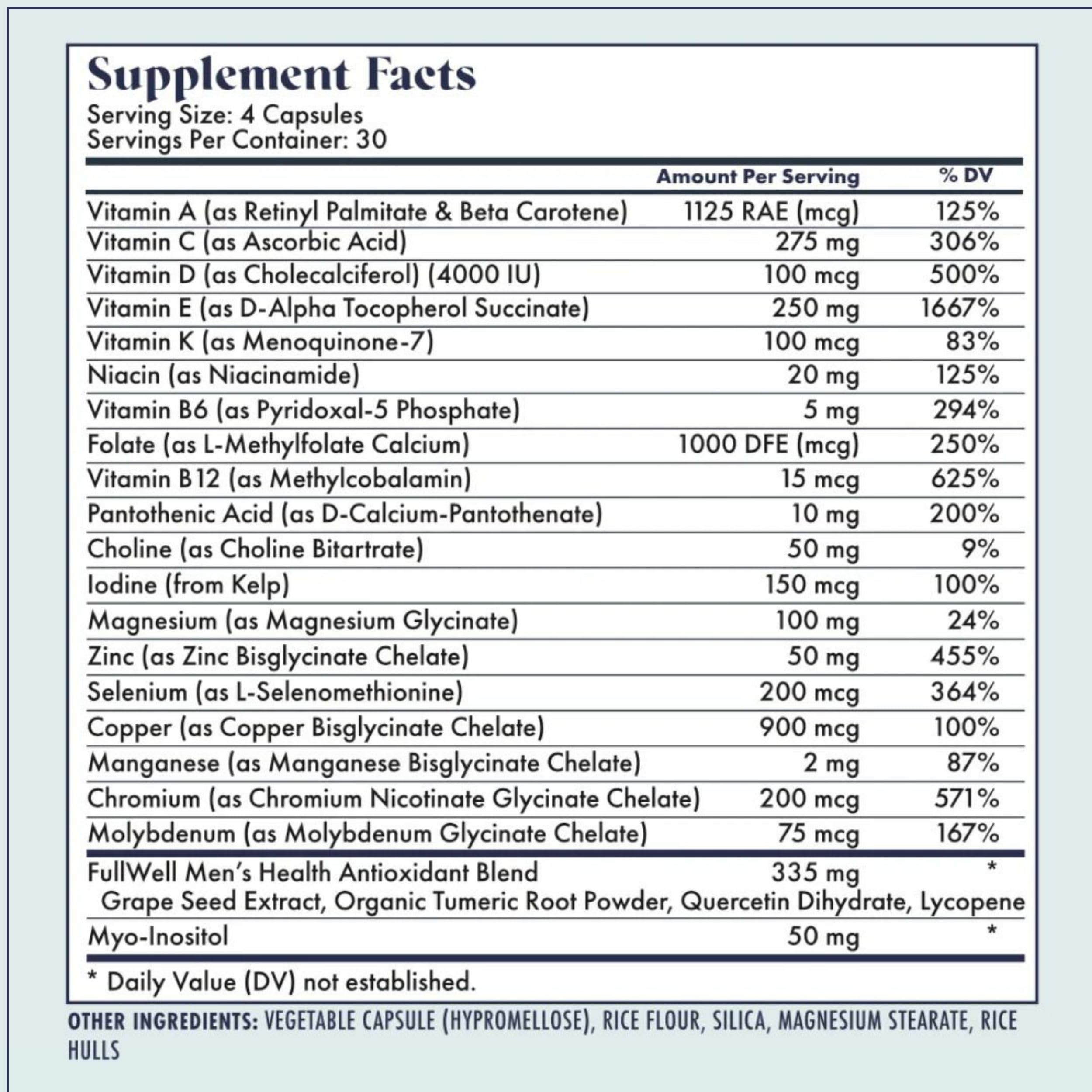 FullWell Fertilité Multivitamine: capsule et étiquette claires, formulation diététique