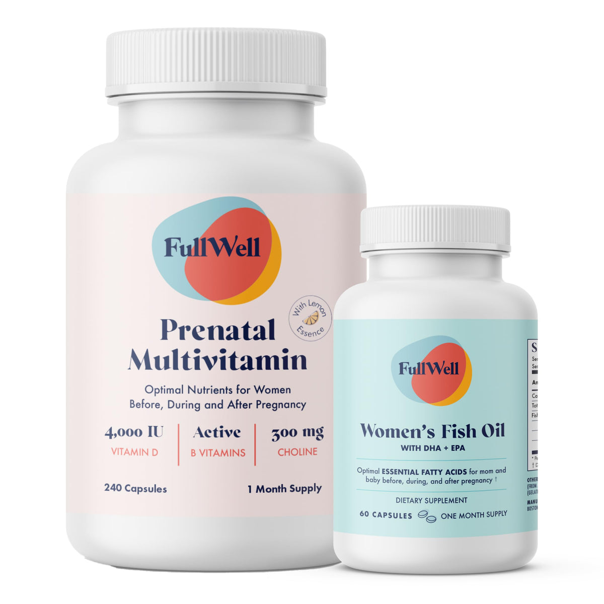 FullWell Prenatal Citron + DHA – bouteille avec étiquette et doses quotidiennes.