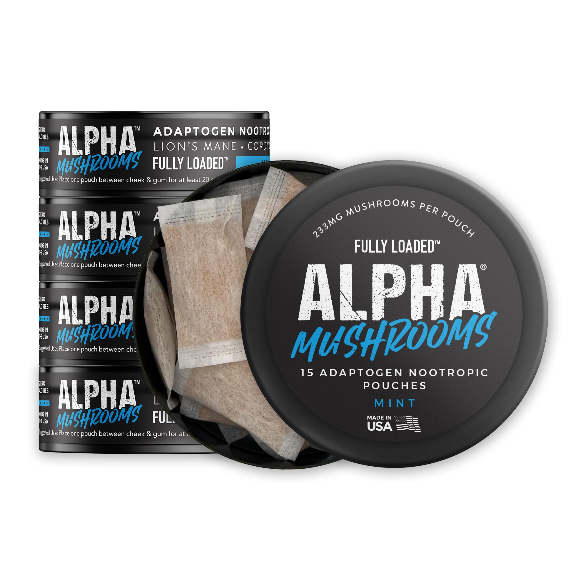 Boîte de Fully Loaded Bullseye Alpha Mushrooms, utilisation discrète et potentielle concentration au travail