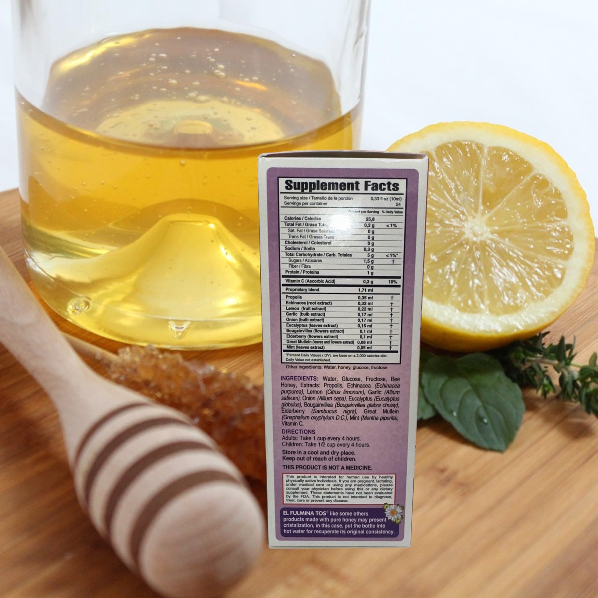 Fulminatos Sirope Propolis Ail Oignon, bouteille sur fond naturel, impression de qualité.