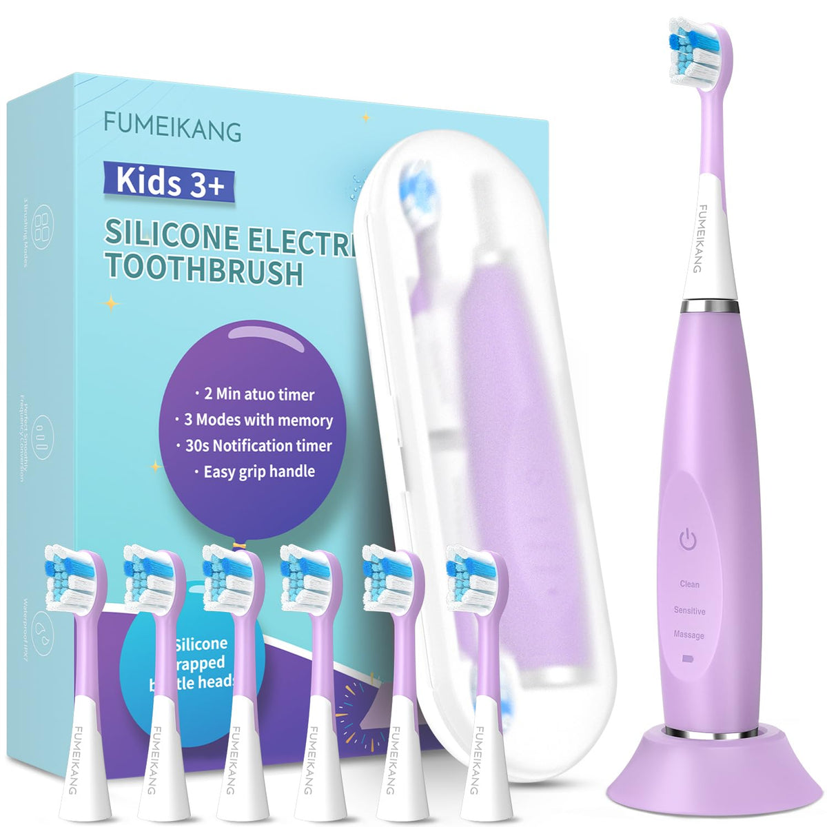 Brosse FUMEIKANG pour enfants avec tête en silicone douce et contact peau plus confortable.