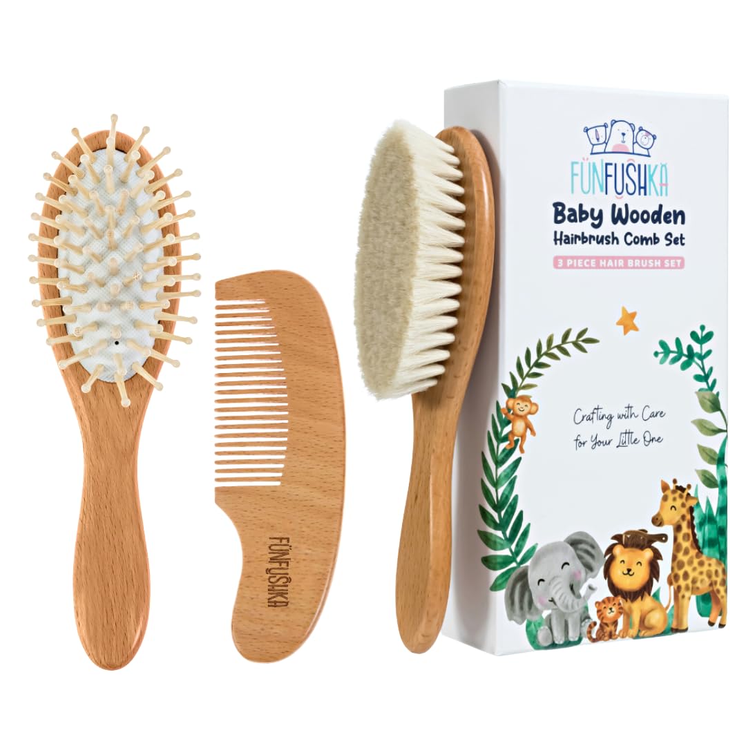 Brosse FUNFUSHKA pour bébé avec poils de chèvre ultra-doux, douceur lors du brossage.