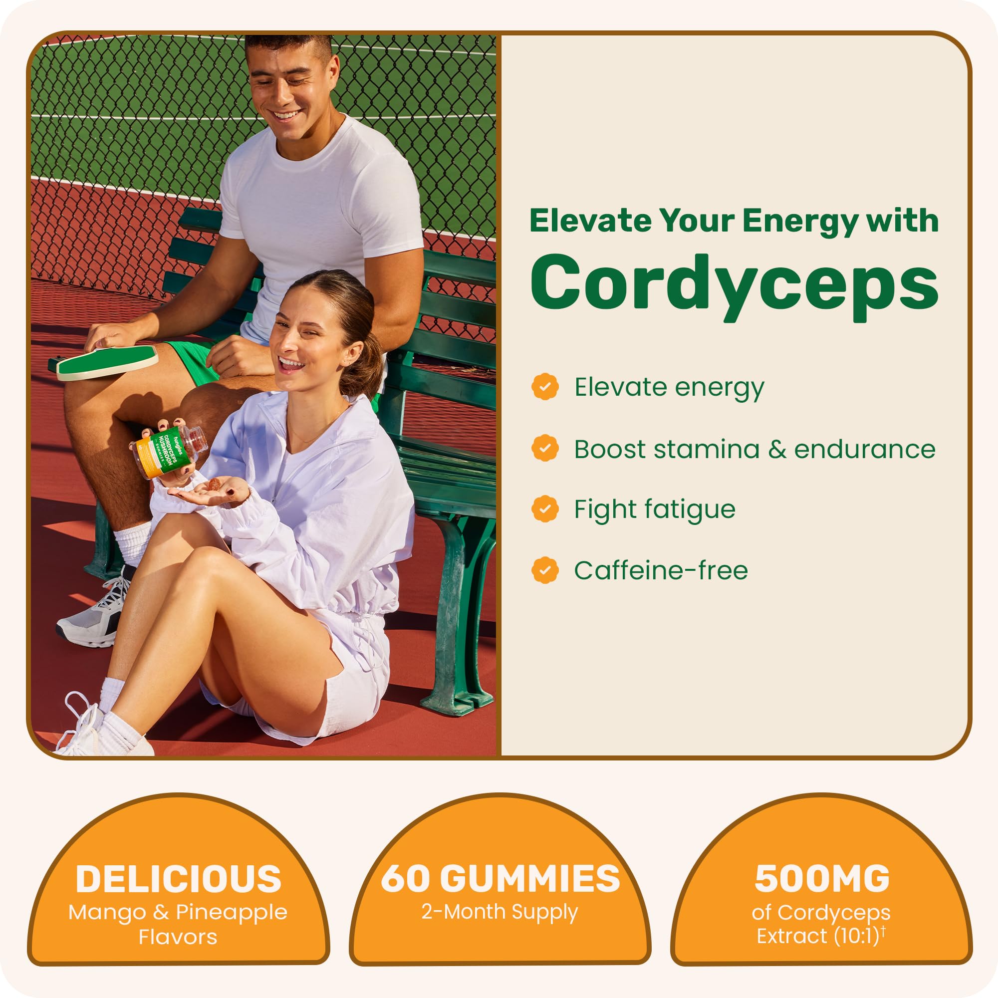 Gros plan sur les gommes Fungies Cordyceps, texture et couleur fruitée énergisante