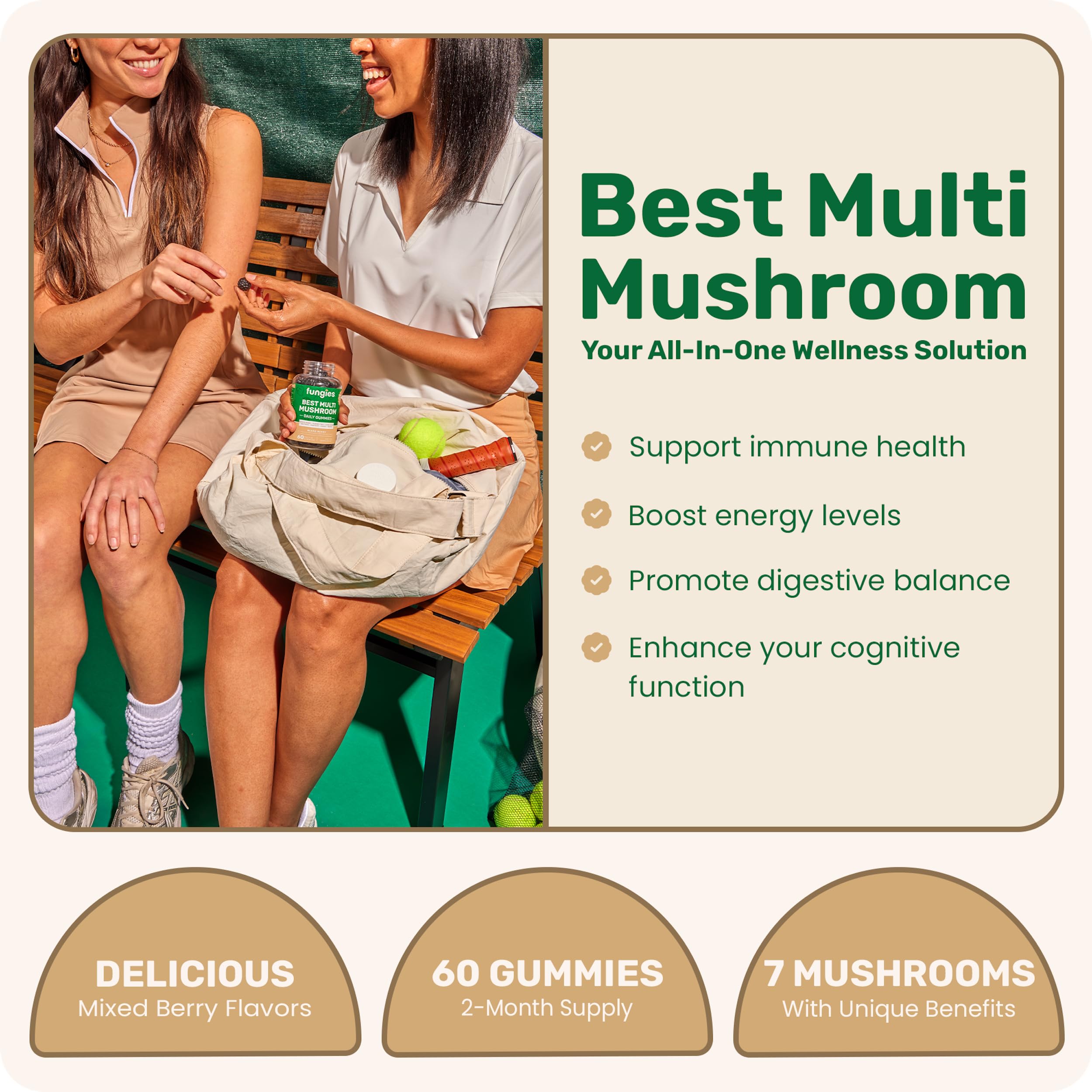Fungies Multi-Champignons gummies, ensemble dans un bol de baies, soutien potentiel à la concentration