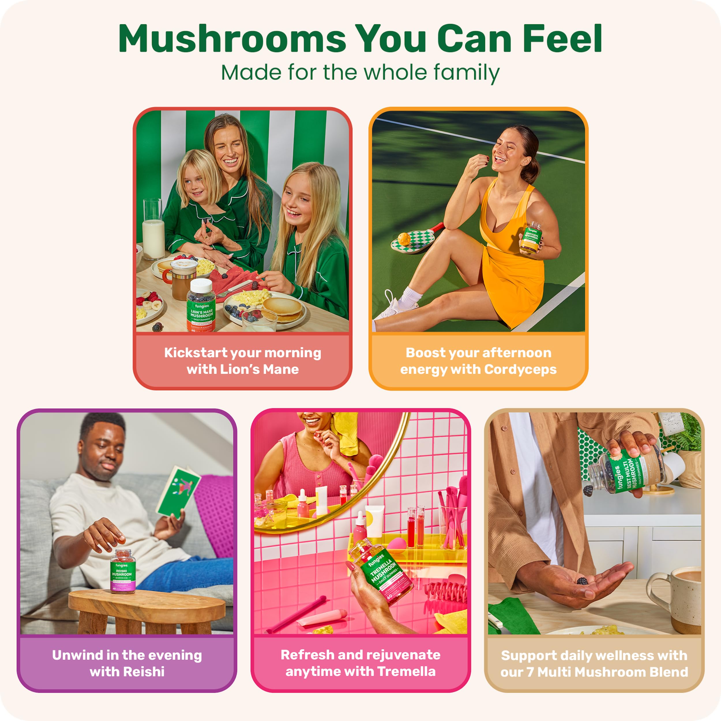 Fungies Multi-Champignons gummies : flacon compact, parfait pour le sac et le bureau