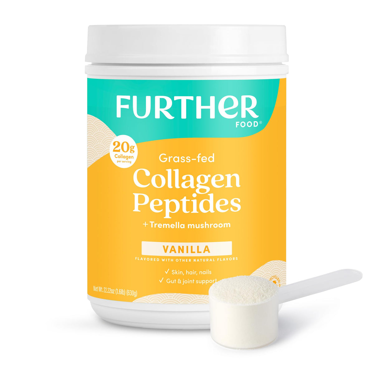 Further Food Vanilla Collagen Poudre emballage élégant, source de protéines de qualité pour votre routine.