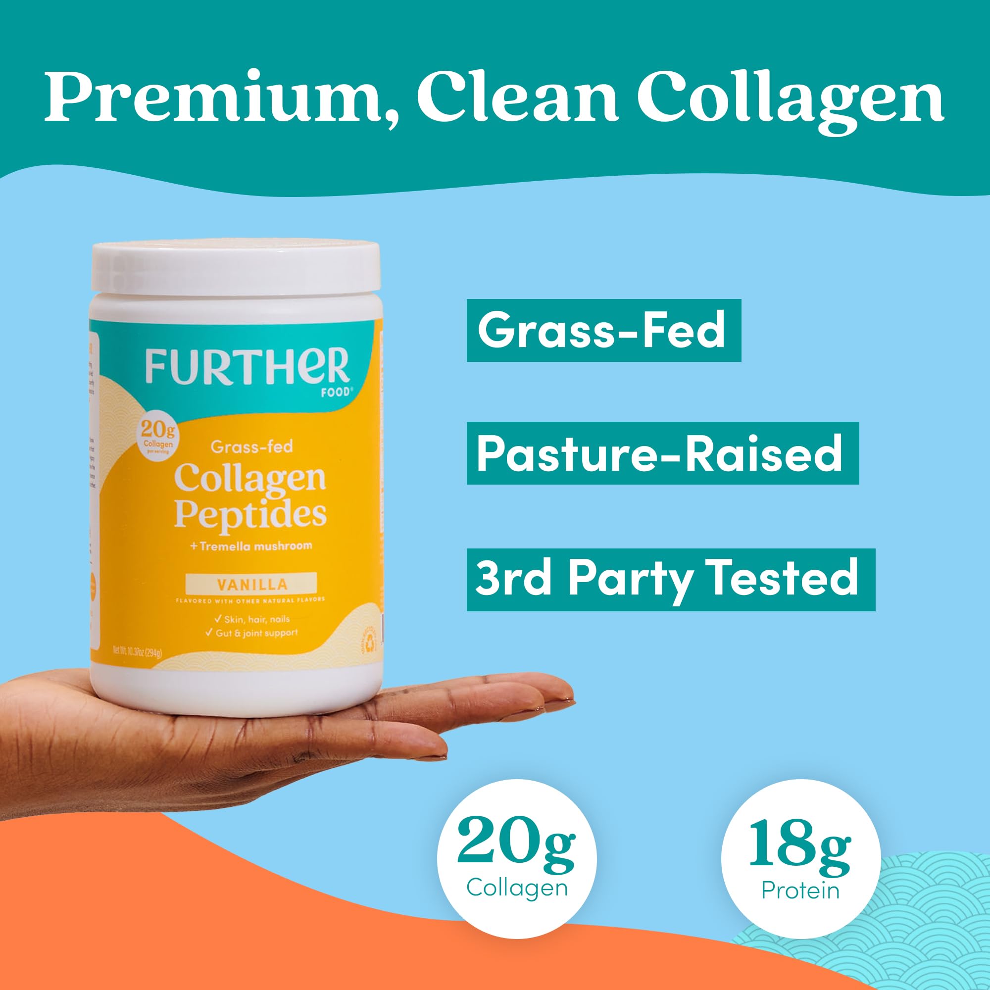 Poudre collagène vanille Further Food versée dans un lait chaud, moment de bien-être.