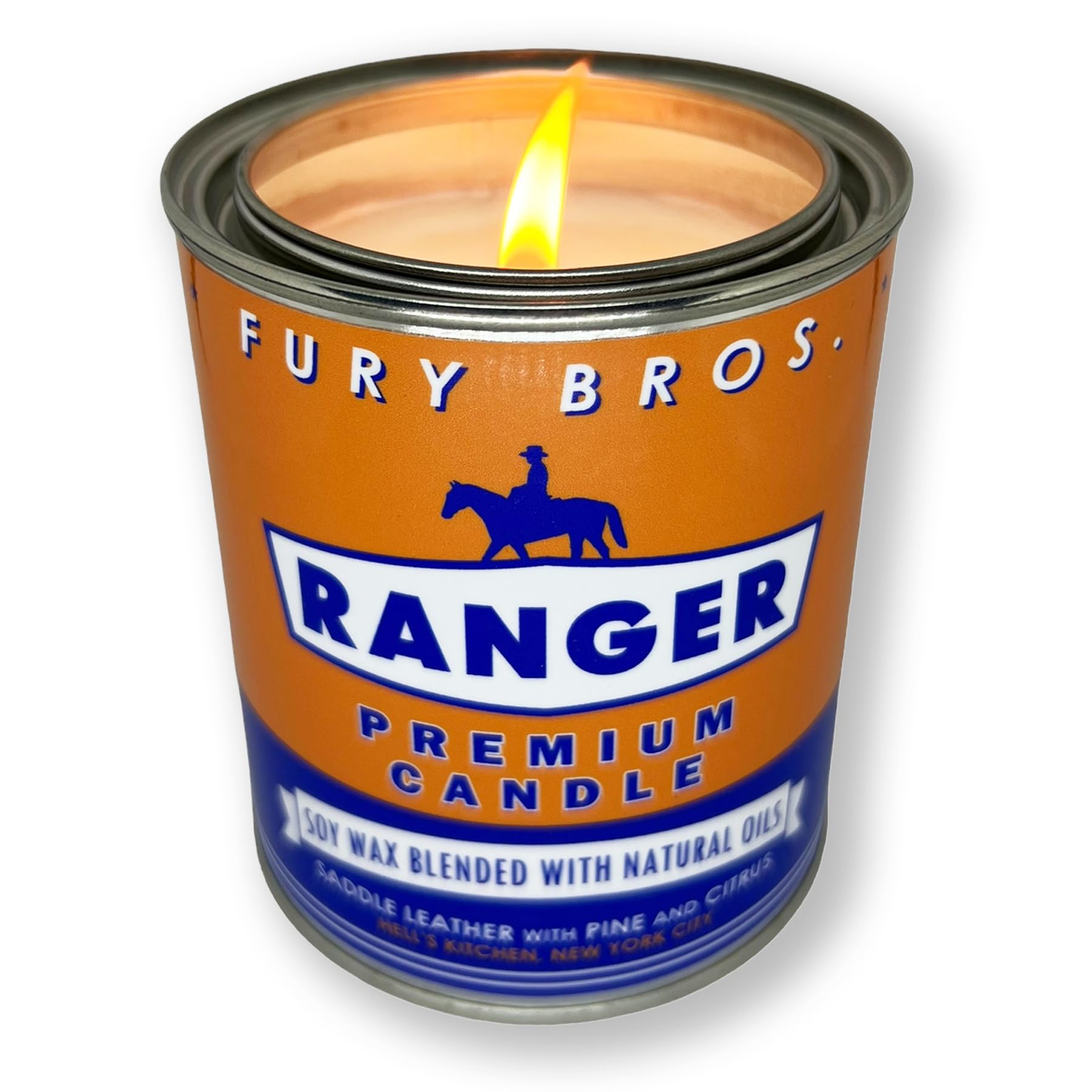 Bougie Fury Bros Ranger – cuir-selle, pin et citrus pour une ambiance masculine durable.