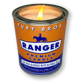 Bougie Fury Bros Ranger – cuir-selle, pin et citrus pour une ambiance masculine durable.