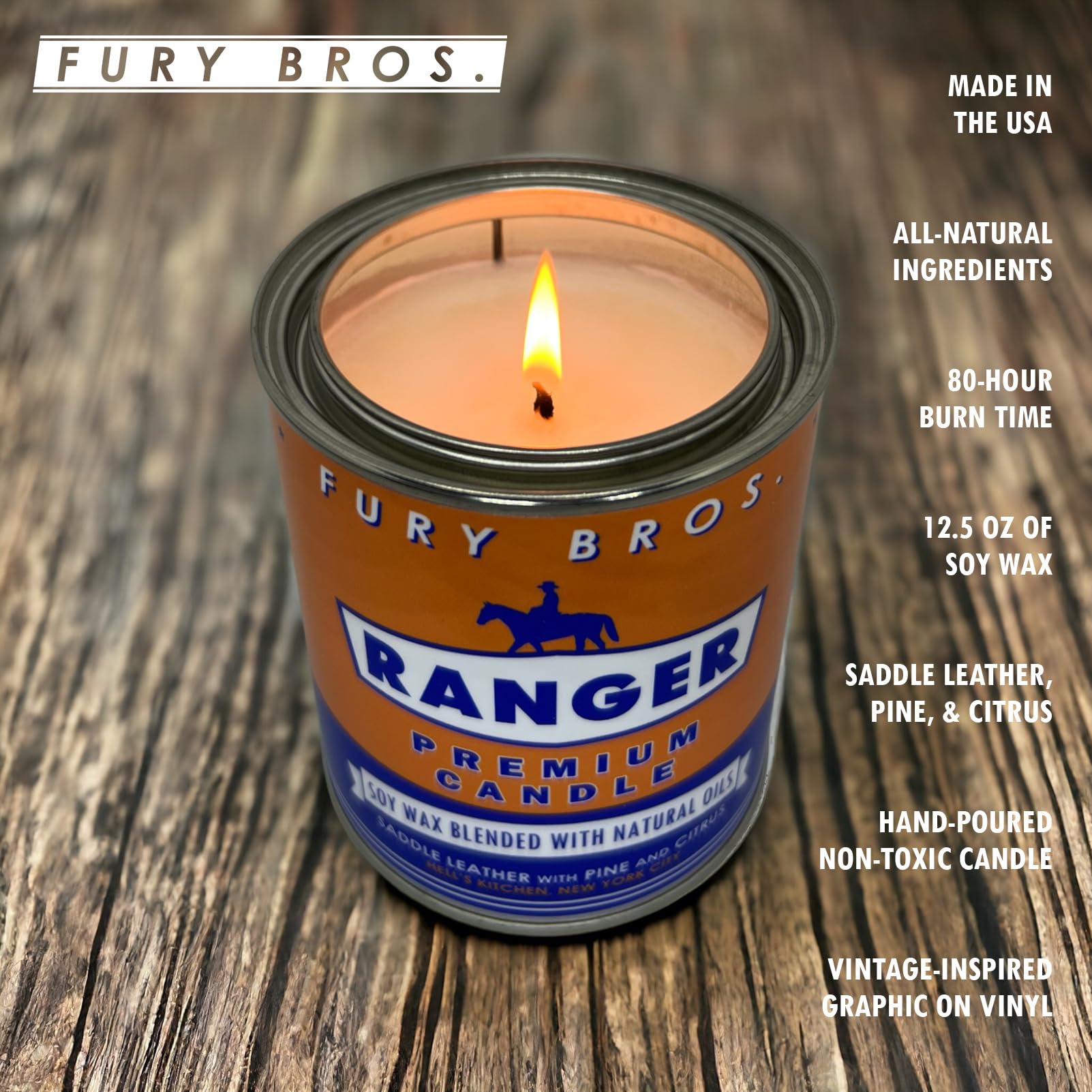 Étiquette vintage Fury Bros Ranger sur l’emballage, style rétro et premium.