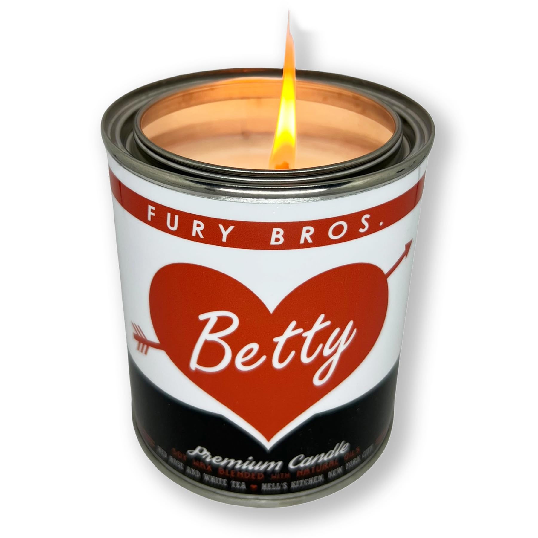 Bougie Fury Bros Betty – Rose rouge et thé blanc, ambiance florale apaisante.