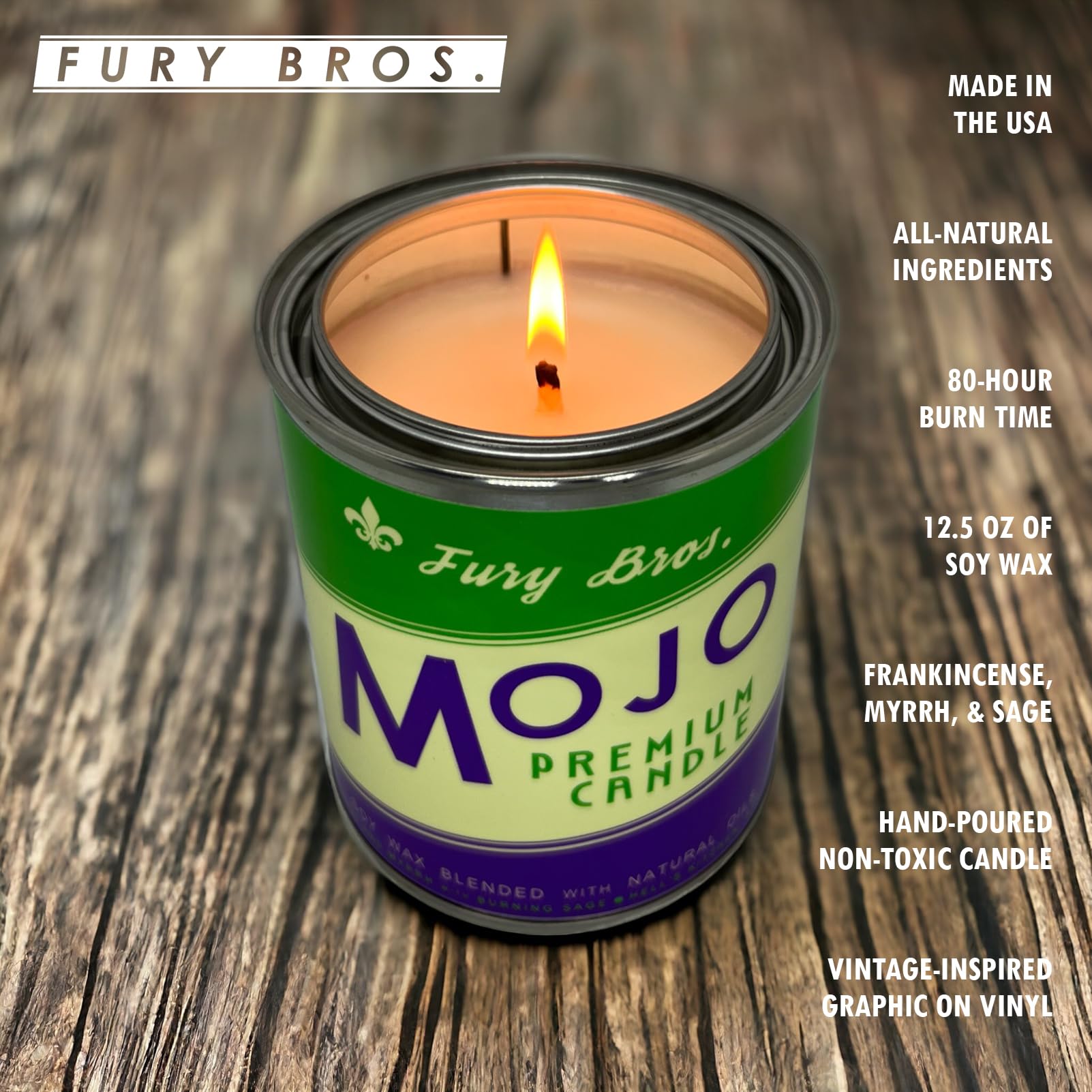 Fury Bros bougie design vintage avec étui métallique, esthétique robuste.