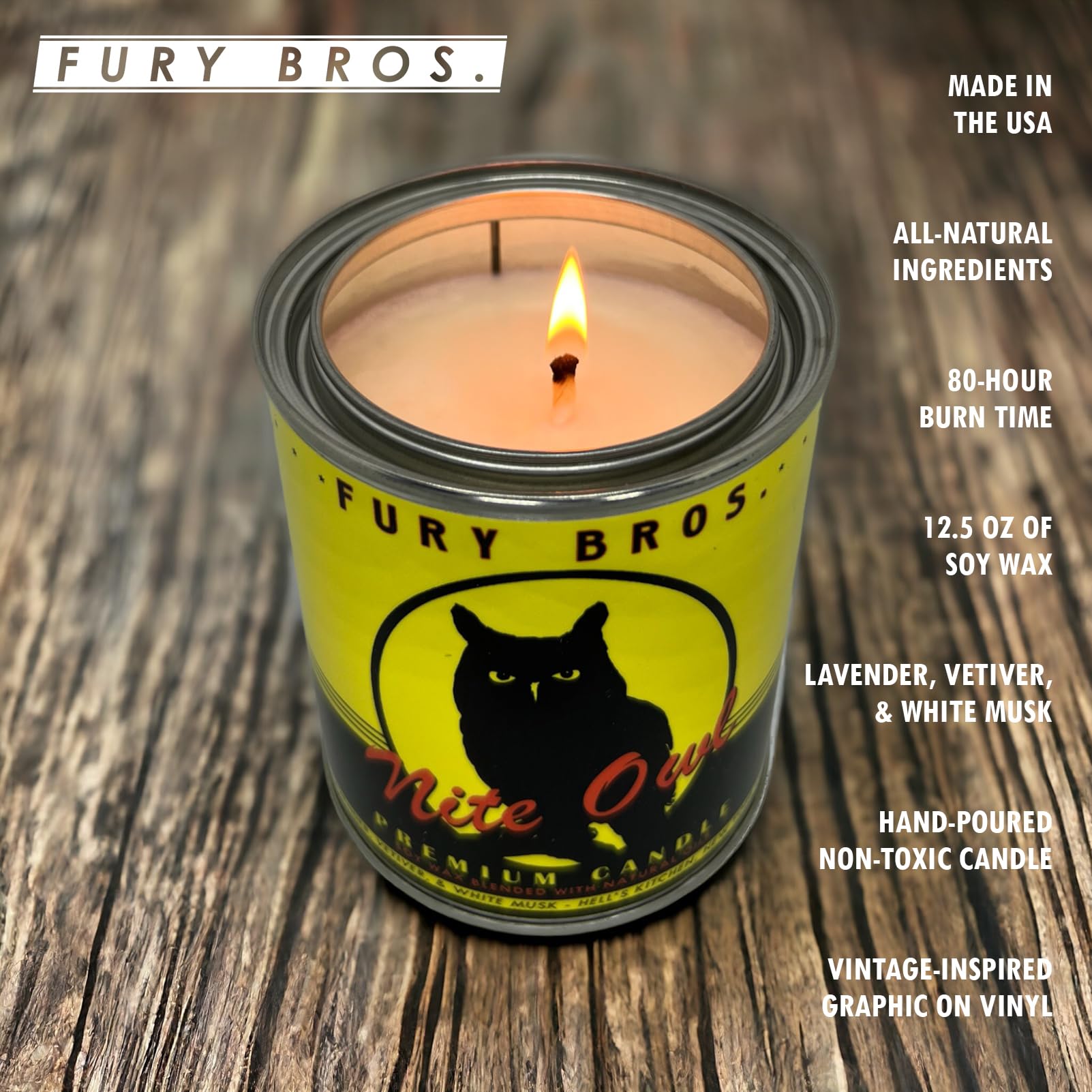 Bougie Fury Bros Nite Owl – Musc blanc pour une atmosphère masculine