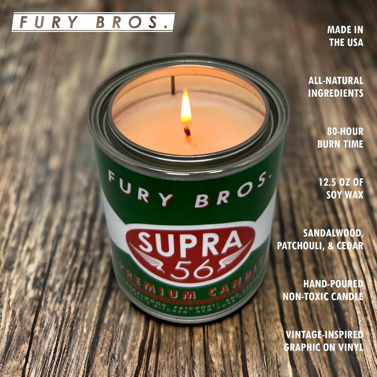 Bougie Fury Bros Supra56 patchouli et santal, atmosphère masculine apaisante.