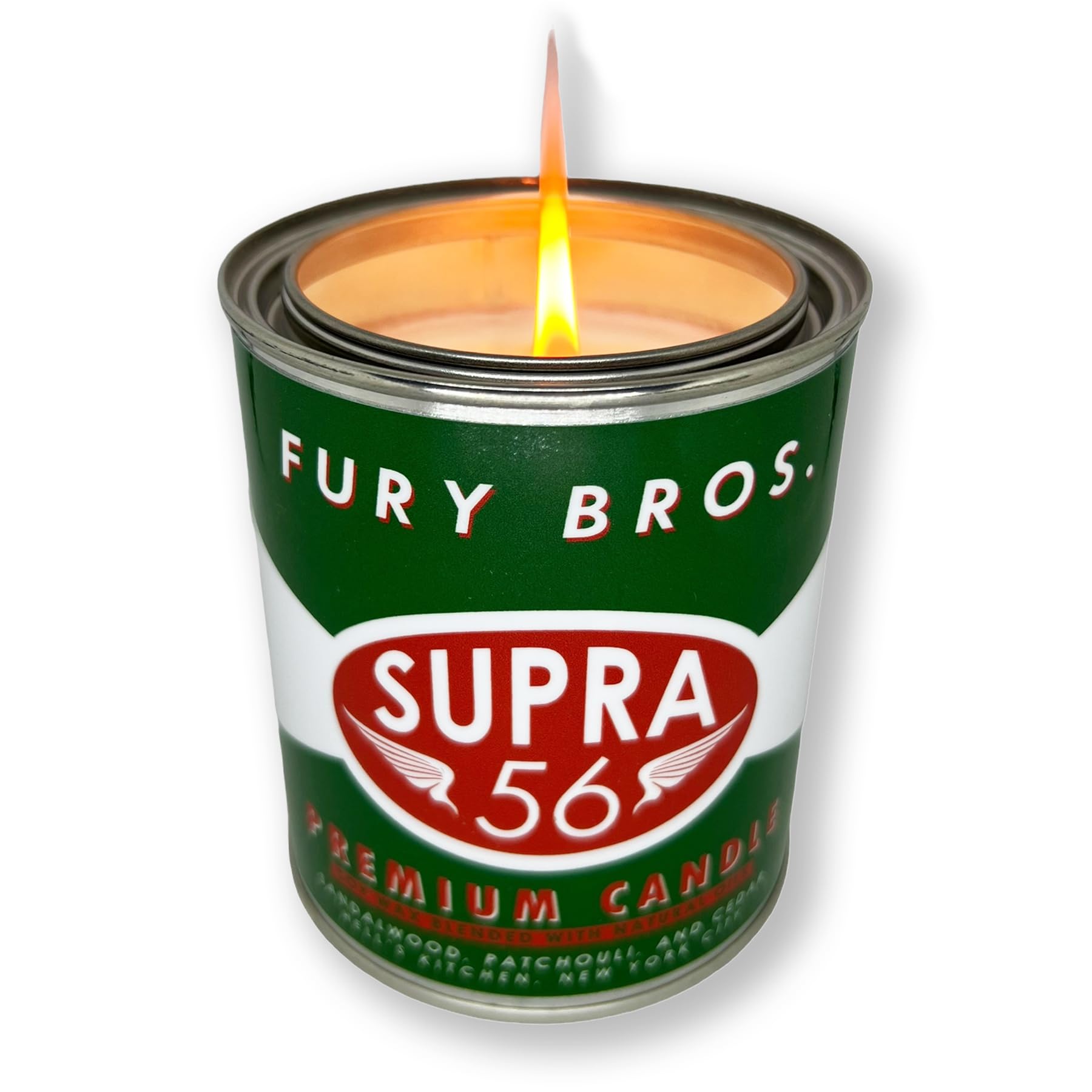Bougie Fury Bros Supra56 au santal et cèdre, ambiance chaude et masculine.