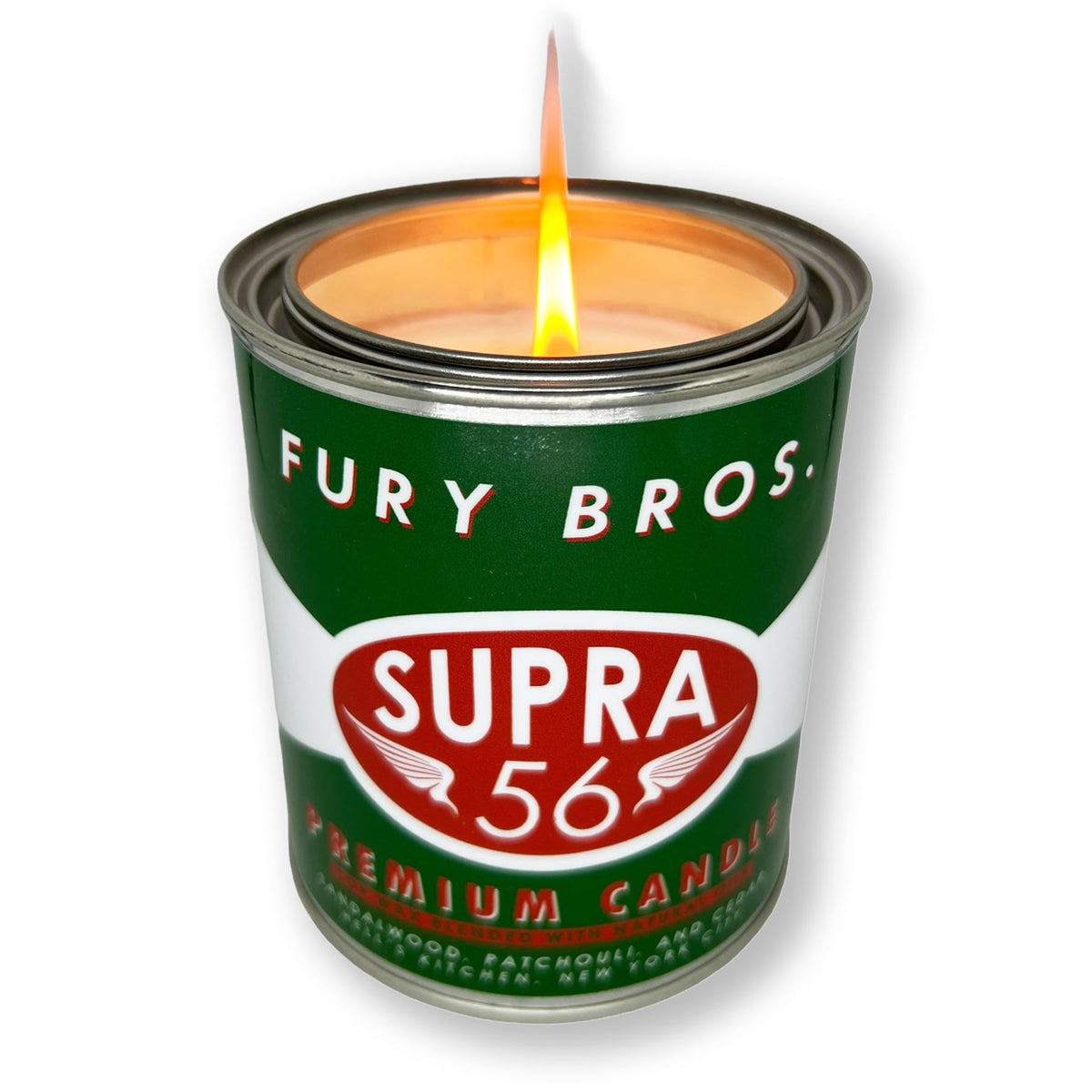 Bougie Fury Bros Supra56 au santal et cèdre, ambiance chaude et masculine.