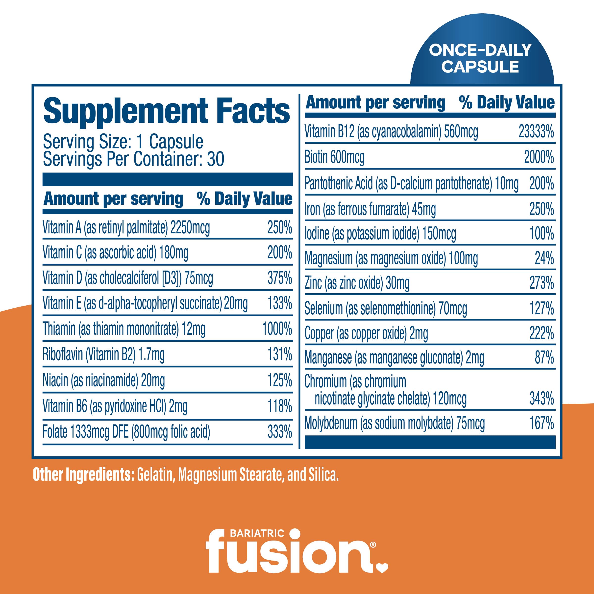 Bariatric Fusion: fer 45 mg sur l'étiquette, apport quotidien possible.