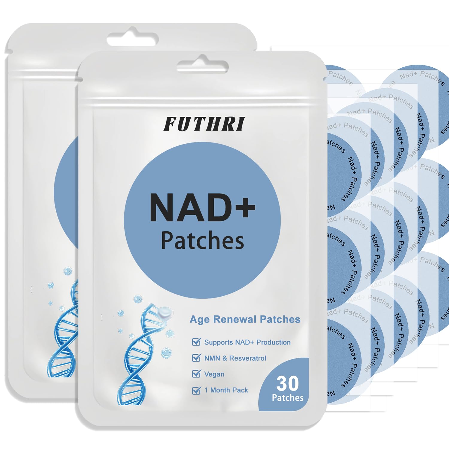Patch NAD+ FUTHRI – boîte et étiquette visibles, énergie quotidienne durable.