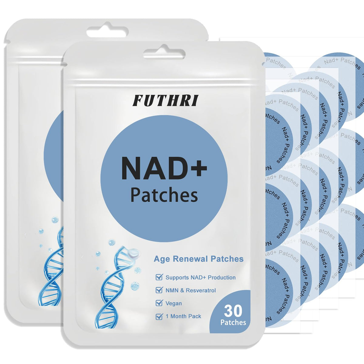 Patch NAD+ FUTHRI – boîte et étiquette visibles, énergie quotidienne durable.