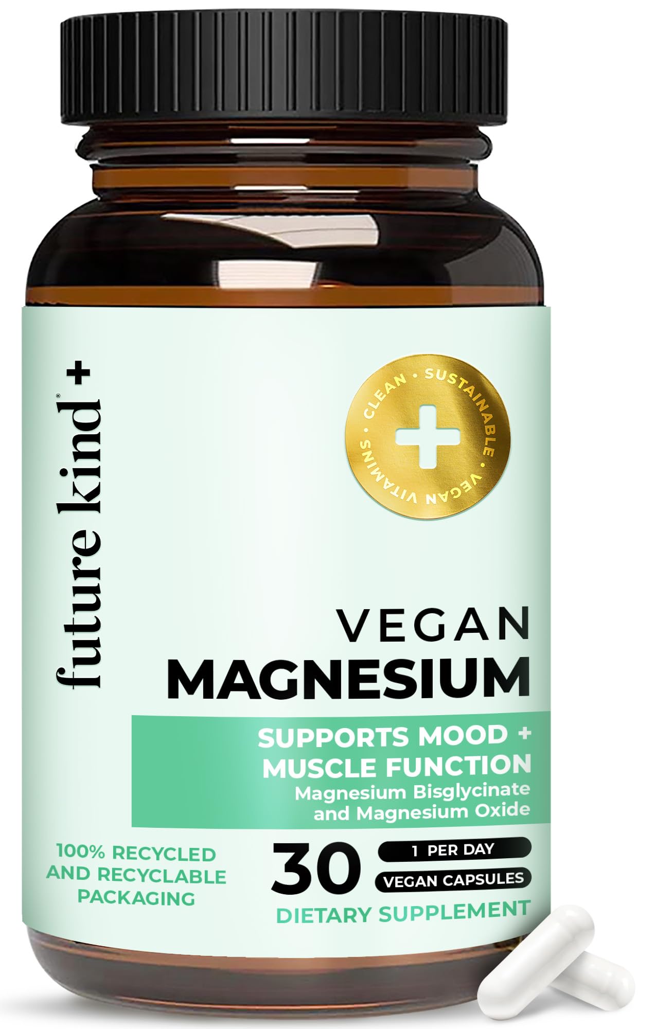 Future Kind Magnésium Glycinate – flacon et capsules – soutien potentiel des muscles et du système nerveux