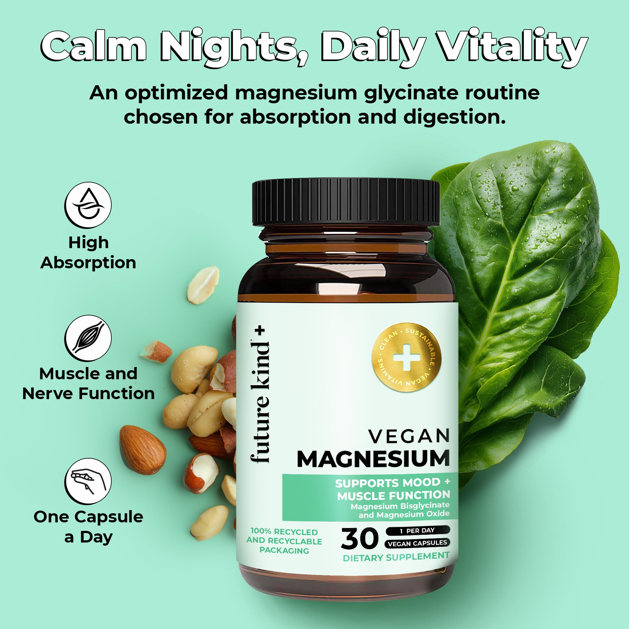 Future Kind Magnésium Glycinate – capsules vegan – absorption élevée possible et confort digestif