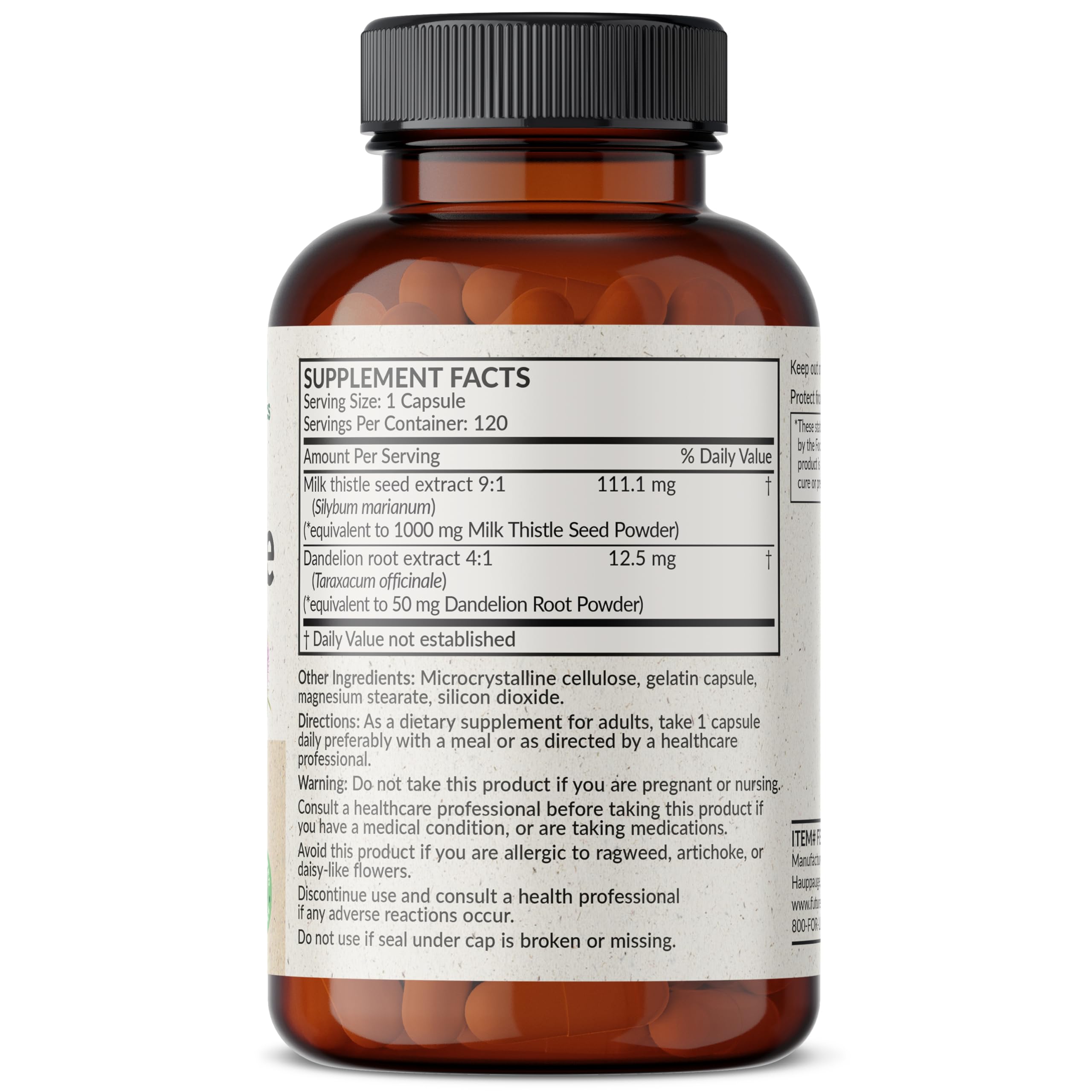 Futurebiotics gélules silymarine-marianum, vue rapprochée, soutien antioxydant potentiel.