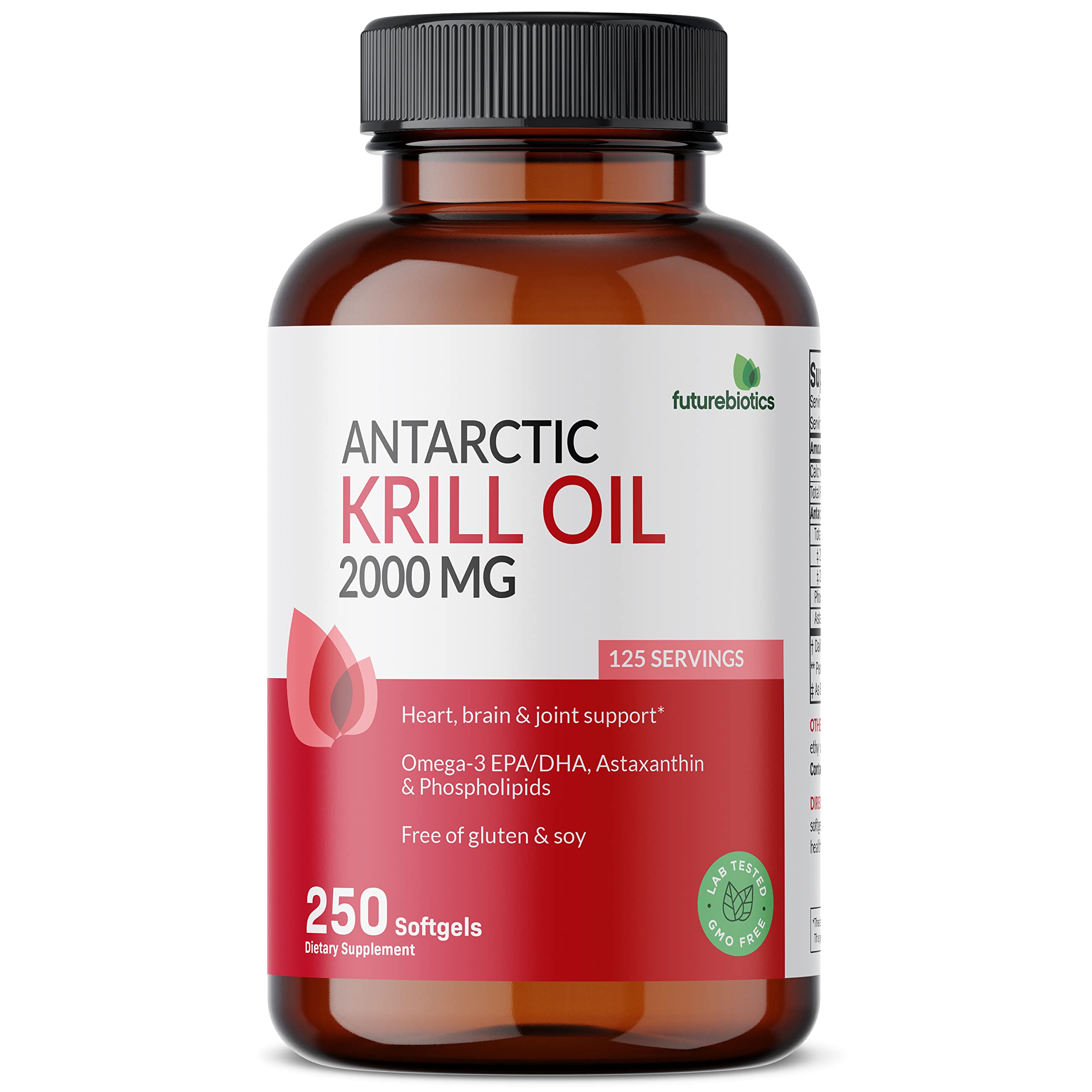 Flacon d’huile de krill Futurebiotics antarctique avec capsules et étiquette, riche en oméga.
