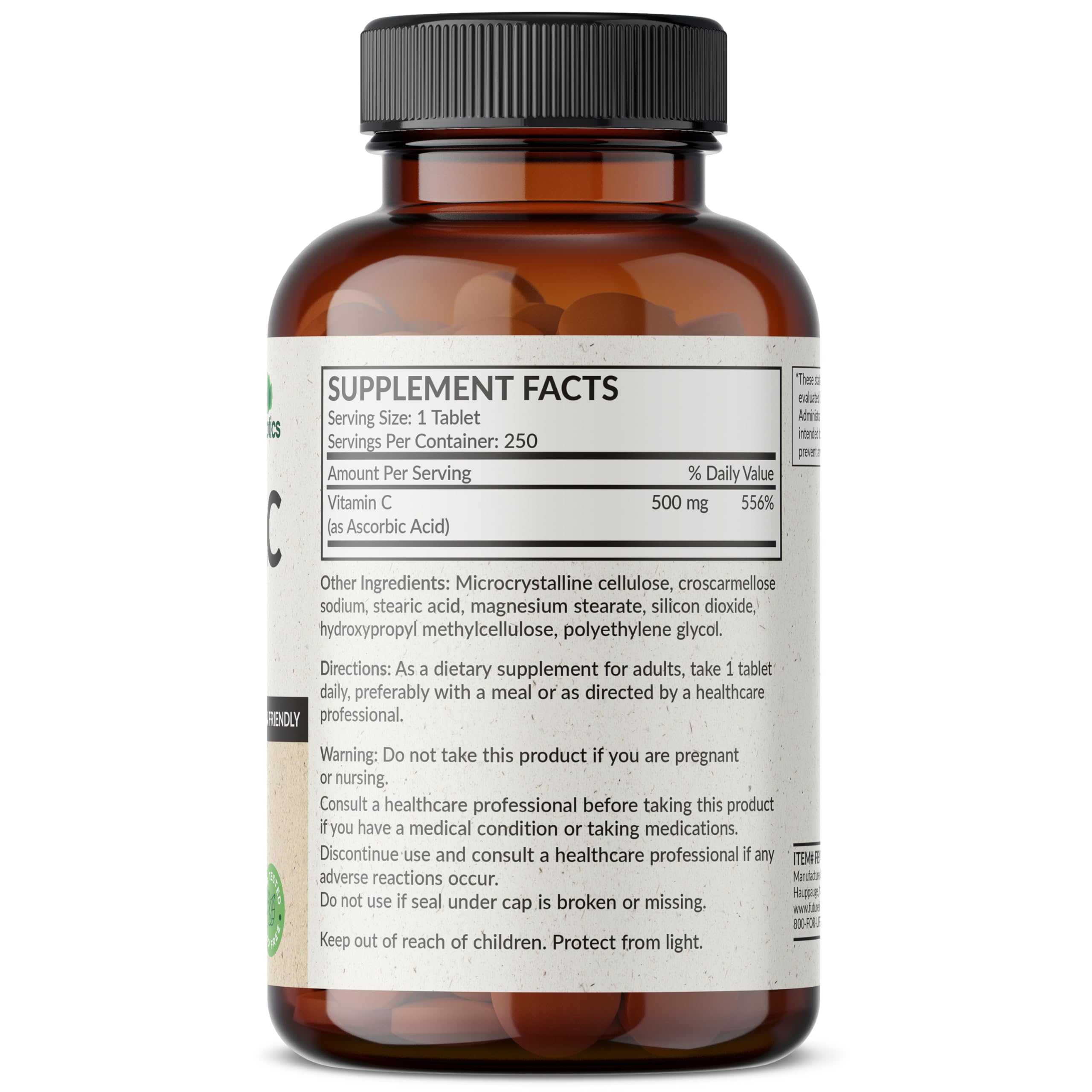 Bouteille Futurebiotics Vitamine C 500 mg, format pratique pour la routine quotidienne.