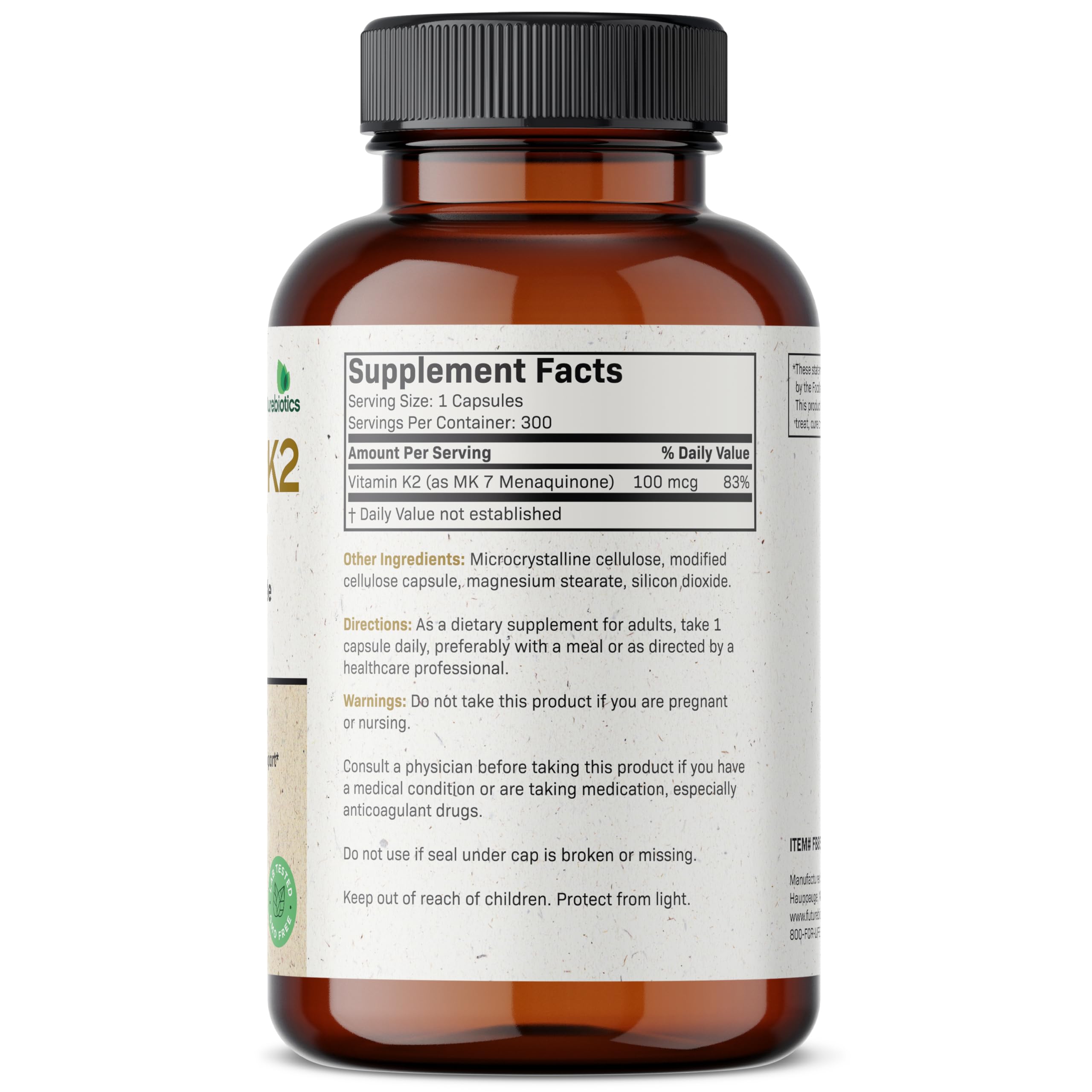 Futurebiotics Vitamine K2 MK-7, étiquette en gros plan, explication de la formule