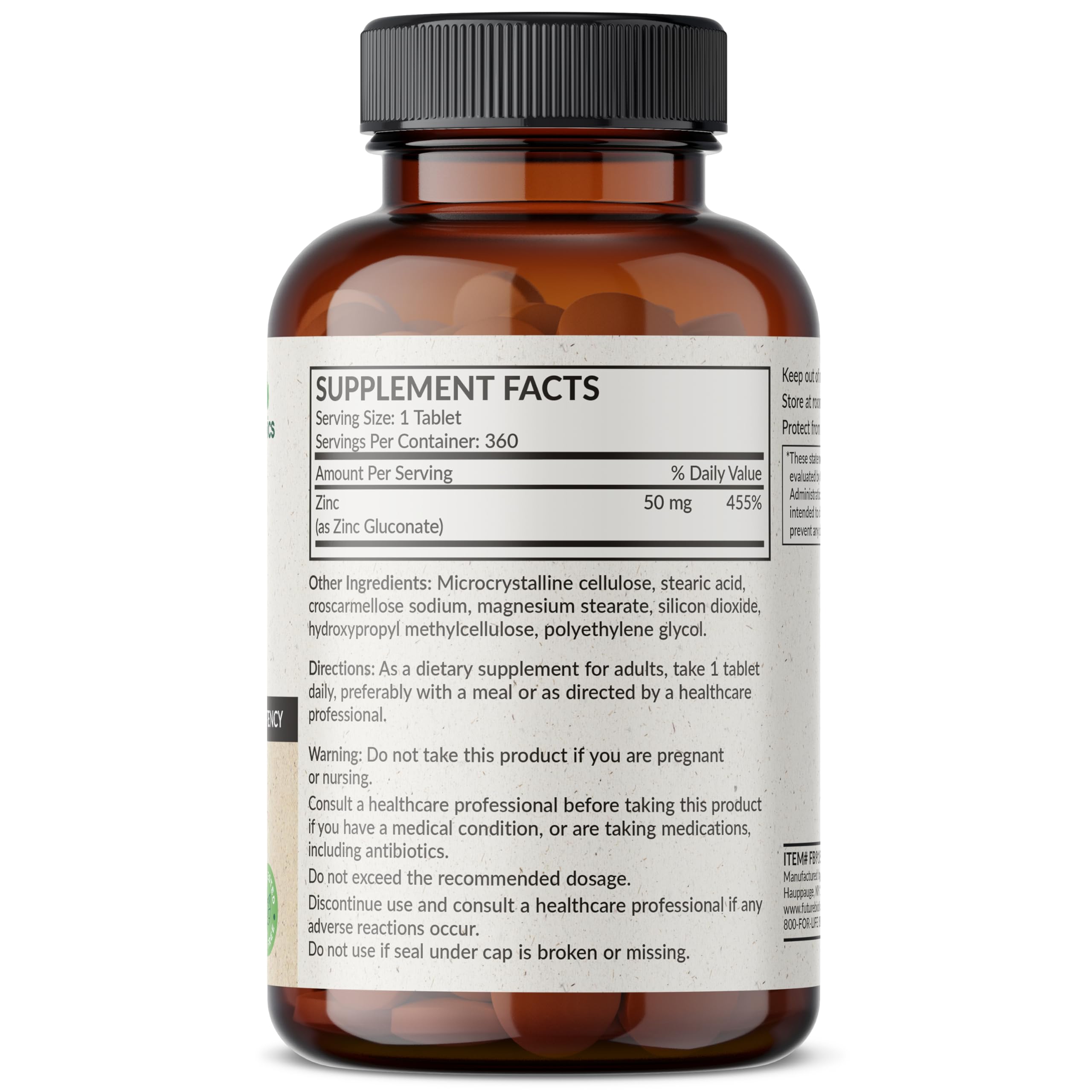 Futurebiotics Zinc 50 mg, boite tablettes, présentation pratique pour usage quotidien.