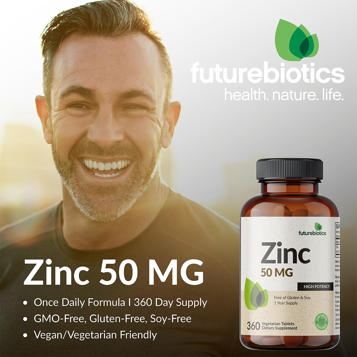 Futurebiotics Zinc 50 mg, étiquette claire, informations essentielles visibles.