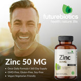 Futurebiotics Zinc 50 mg, étiquette claire, informations essentielles visibles.