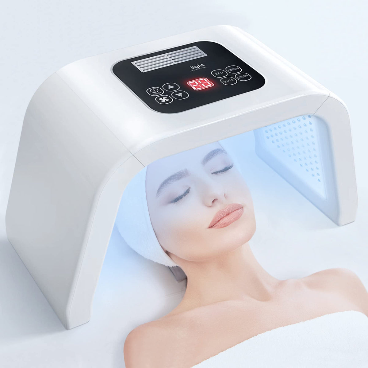 FXXXCUWUU lampe LED thérapie visage 7-en-1 pour soin à domicile.