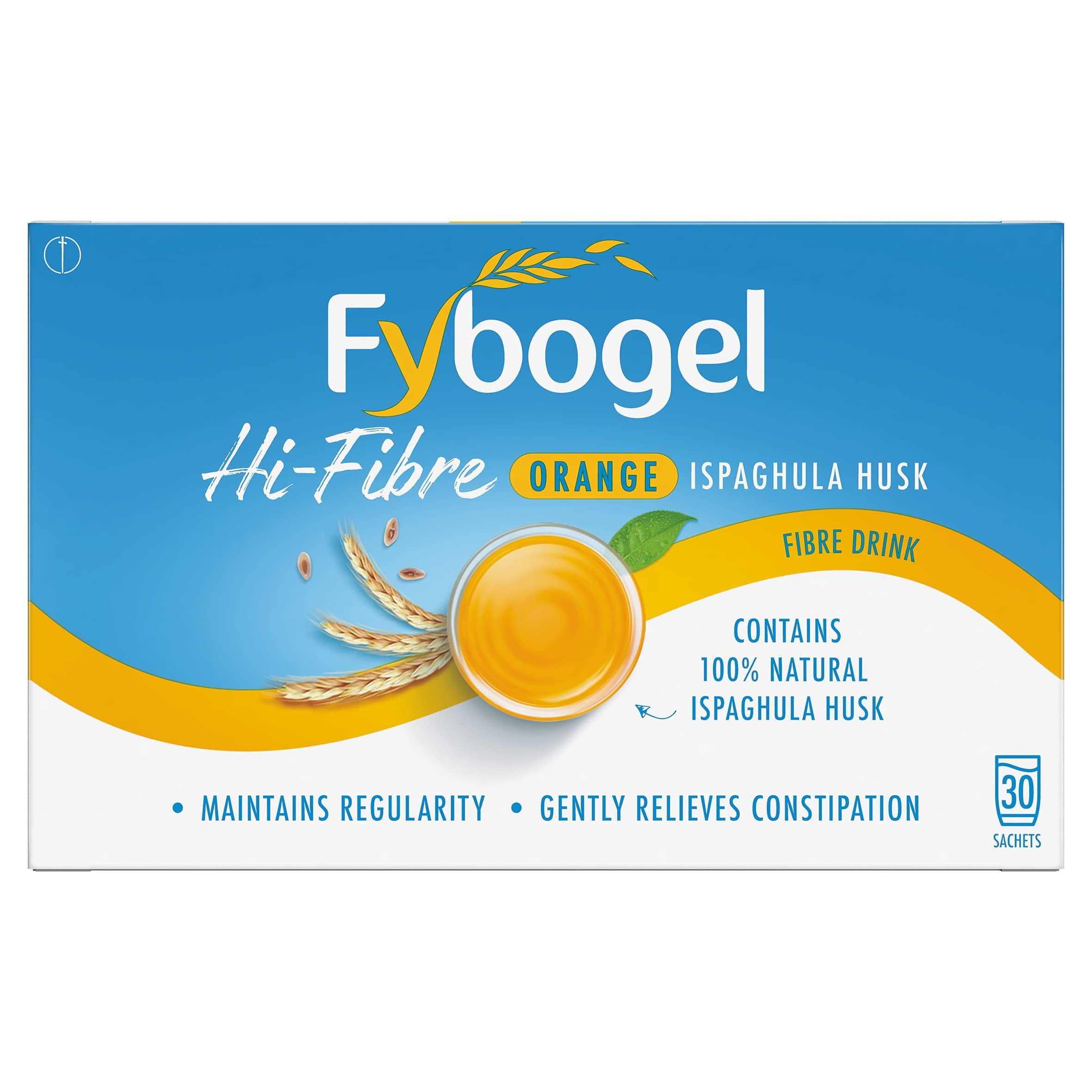 Fybogel Hi Fibre Orange, sachets près d’un verre d’eau pour une fibre quotidienne facile.