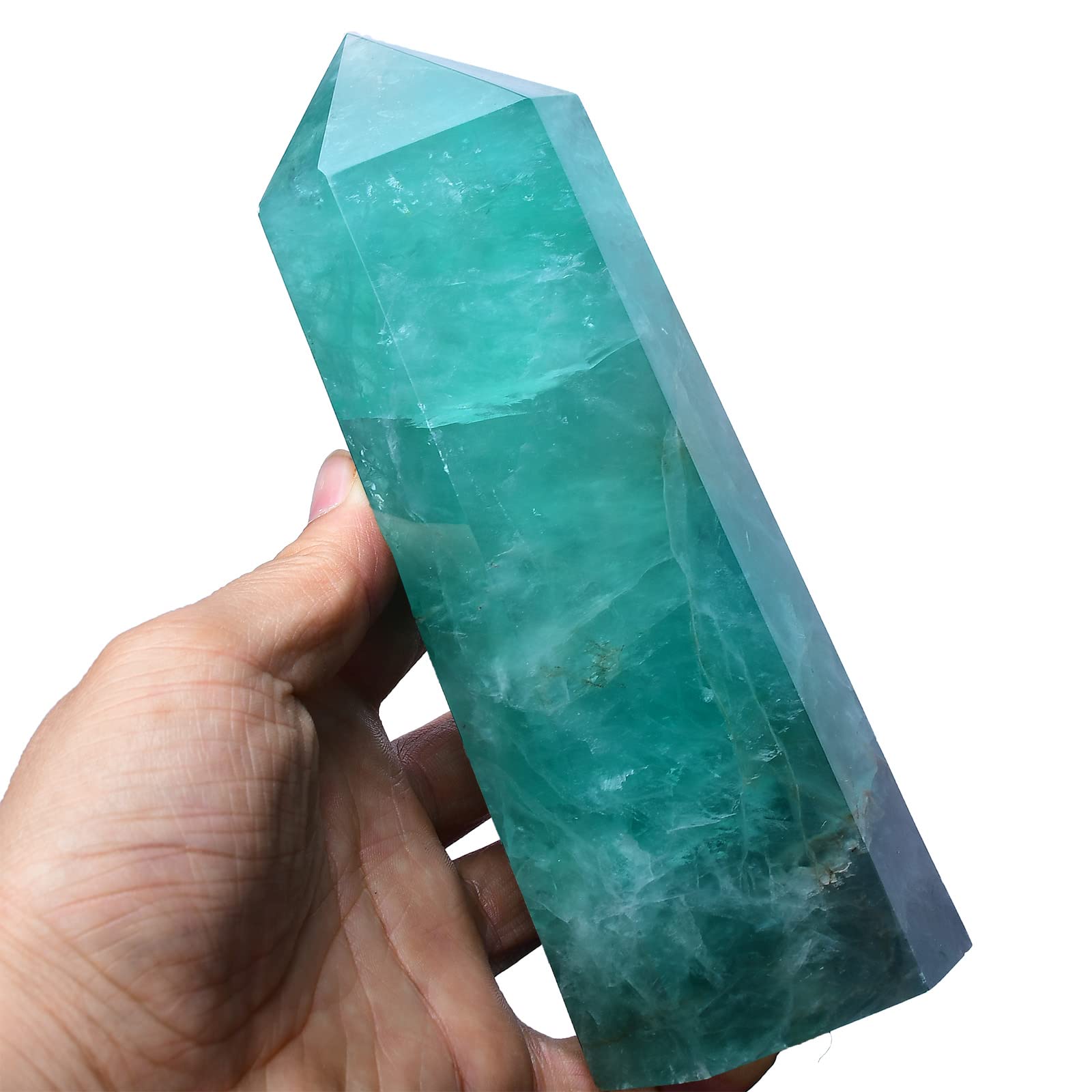 FZBHRO grand obélisque fluorite verte et quartz, pointe concentrant l'énergie pour méditation