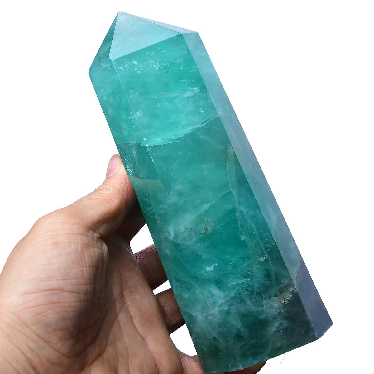 FZBHRO grand obélisque fluorite verte et quartz, pointe concentrant l'énergie pour méditation