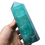 FZBHRO grand obélisque fluorite verte et quartz, pointe concentrant l'énergie pour méditation