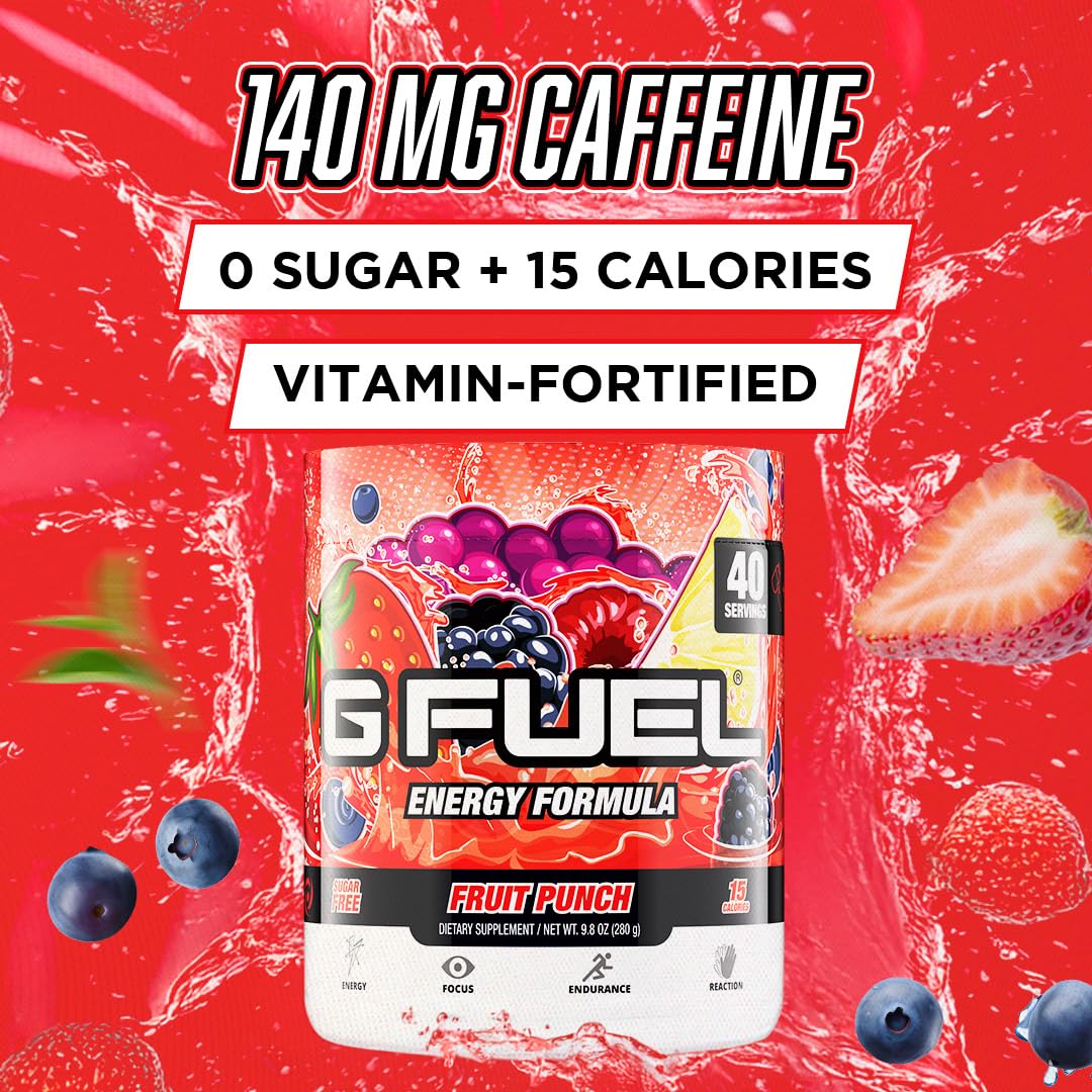Bouteille shaker G Fuel montrant la couleur Fruit Punch et facilitant le mélange.
